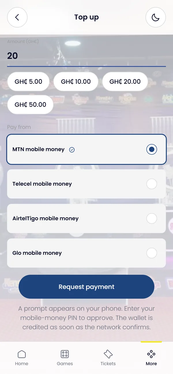 Portal screen for step 3: Top up your wallet