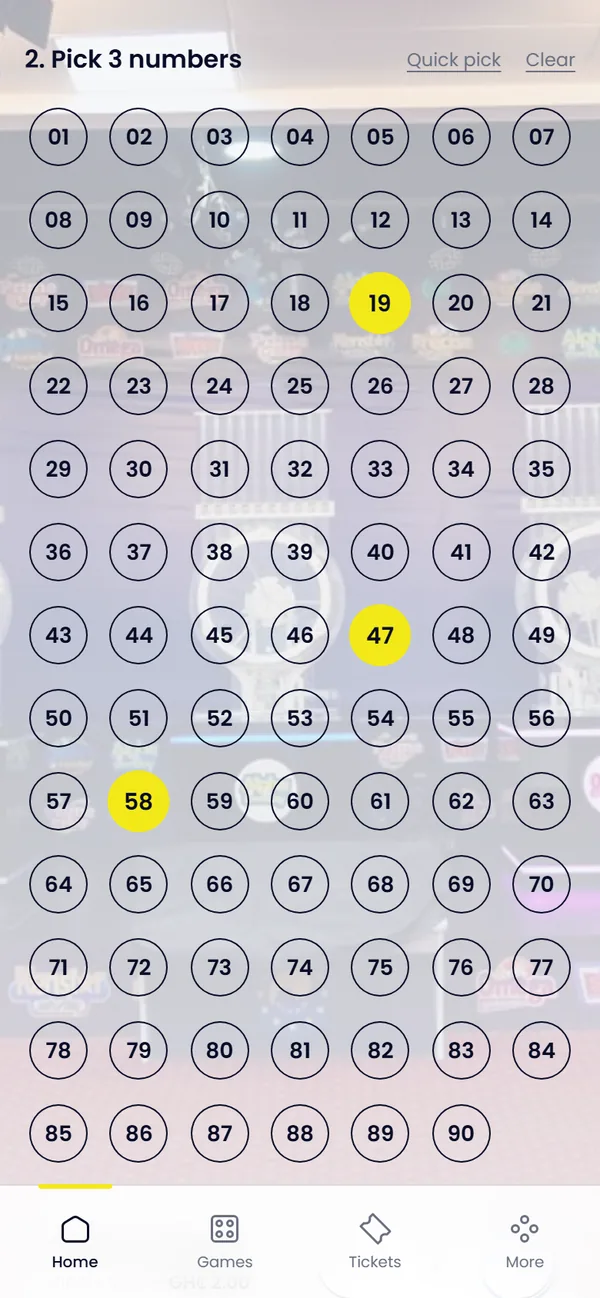 Portal screen for step 5: Choose a bet and your numbers